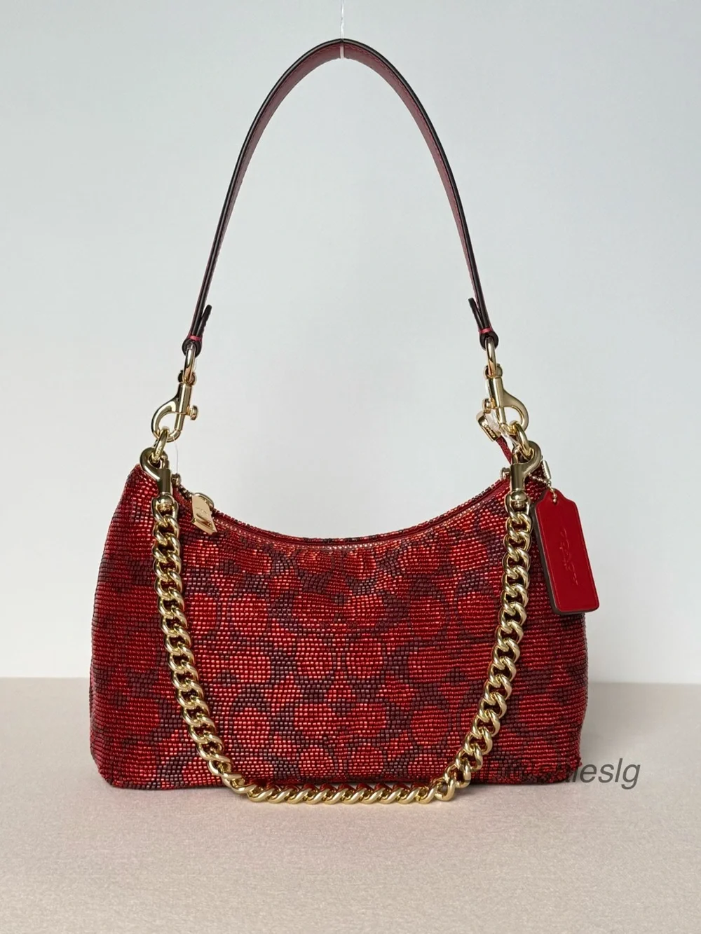 NWT Coach Teri Shoulder Bag With Chain Signature Beaded Satin Crimson Red CET14